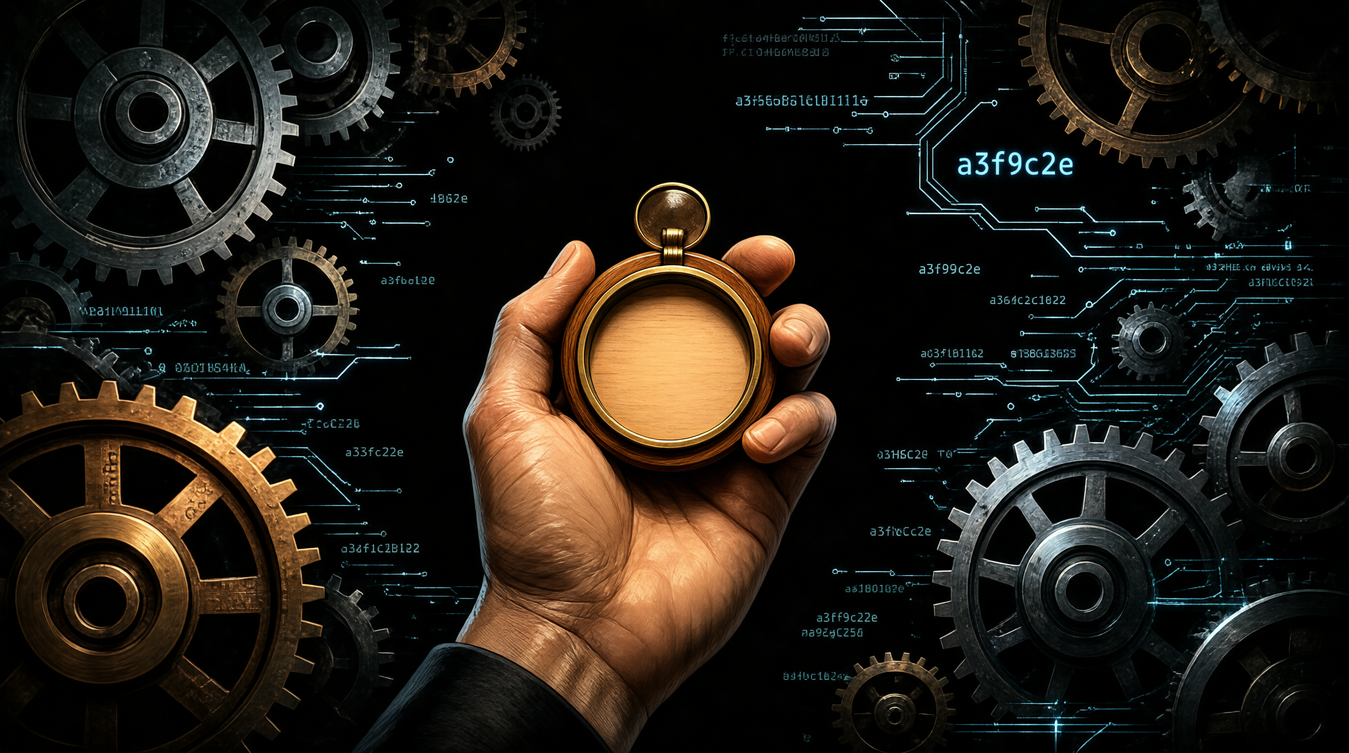 A lone human hand holding an empty compass, surrounded by an overwhelming field of glowing mechanical gears, circuit traces, and commit hashes drifting into an infinite dark void