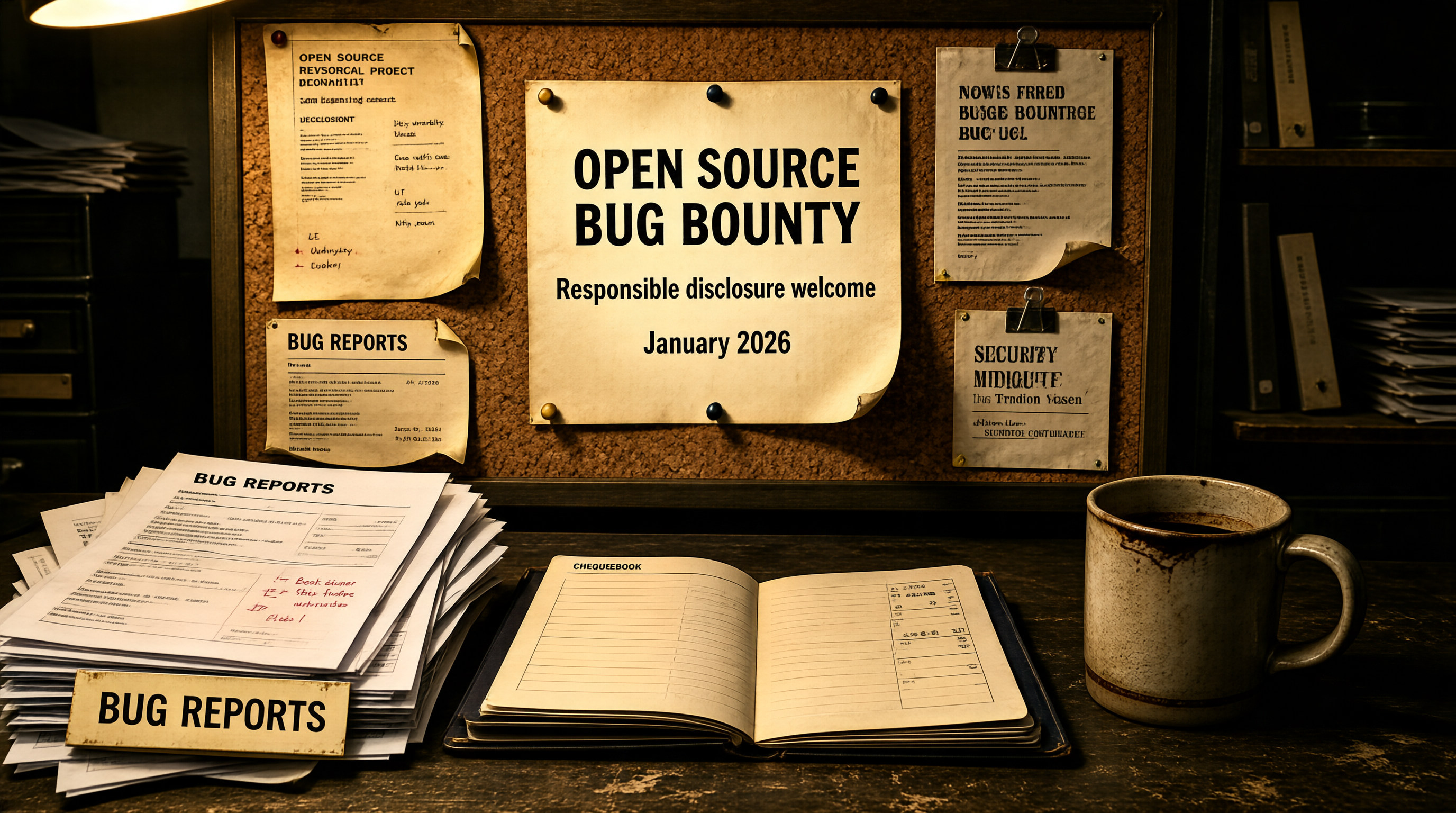 一张运行 7 年的 Bug Bounty 公告贴在墙上的照片，2026-01 被撕下、纸面上留下 AI slop 报告堆积的暗痕，旁边一枚空白的支票本和一杯冷掉的咖啡，暗色调学术风