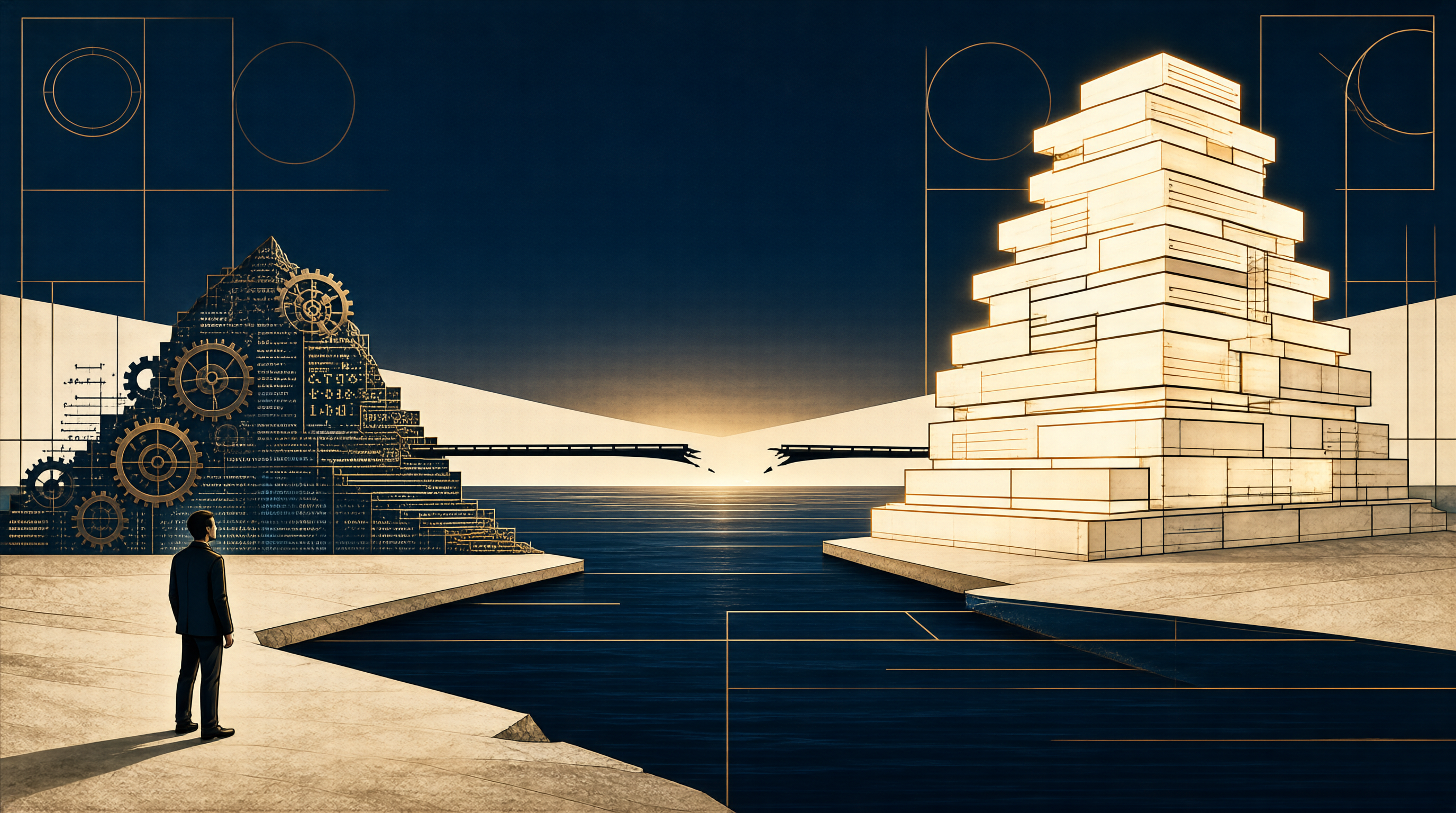 Two mountains on opposite banks — one of source-code gears, one of AI model weights — a thin bridge pulled apart between them; a developer stands at the shore
